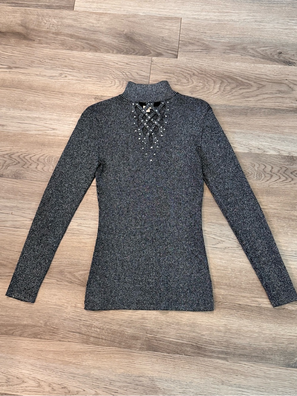 Reba Ribbed Stretchy Black Silver Metallic Cage Chest High Neck Long Sleeve M